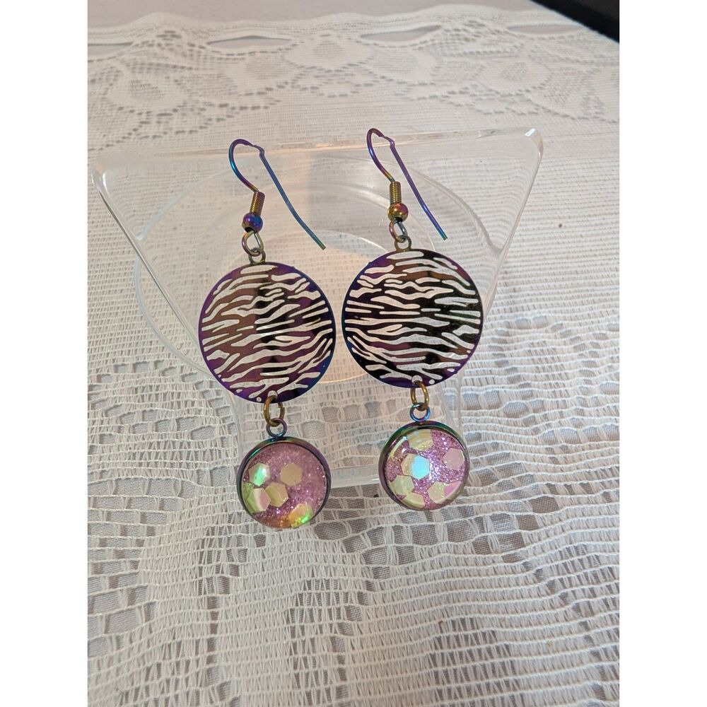 Vintage Rainbow Chameleon Zebra Dangle Earrings, Chunky Pink Glitter Drops
